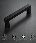 Close-up of Six Pack Matte Black Stainless Steel Square Cabinet Pull for Kitchen Cabinets on dark surface