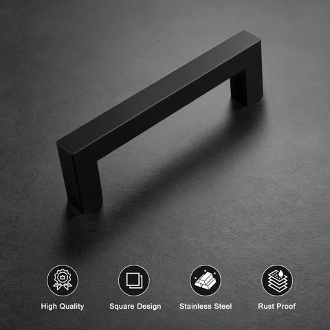 Close-up of Six Pack Matte Black Stainless Steel Square Cabinet Pull for Kitchen Cabinets on dark surface