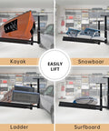 Adjustable Ladder Ceiling Rack For Overhead Garage Storage Holds Up To 150 Lbs Heavy Duty Powder Coated Steel Kayak Surfboard Snowboard And More Great For Ladders And Gear In Your Garage holding kayak, snowboard, ladder, surfboard in garage