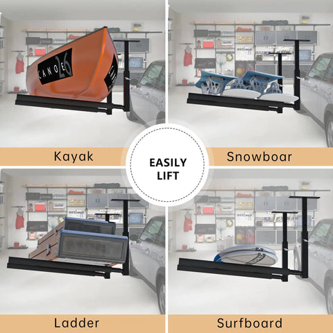 Adjustable Ladder Ceiling Rack For Overhead Garage Storage Holds Up To 150 Lbs Heavy Duty Powder Coated Steel Kayak Surfboard Snowboard And More Great For Ladders And Gear In Your Garage holding kayak, snowboard, ladder, surfboard in garage