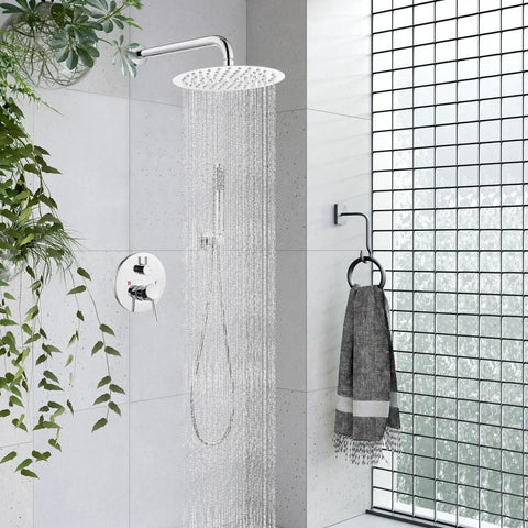 10 Inch Round Rainfall Shower System With Wall Mount High Pressure Shower Head Set Rough In Valve And Cylindrical Handheld Spray In Polished Chrome All Metal SUS304 Stainless Steel Construction Built Tough installed in modern bathroom