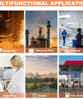 Six multifunctional application images: steelworks, chemical plant, hospital, laboratory, school, gas station.
