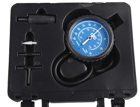OTC 5613 vacuum/pressure gauge kit with blue dial gauge, adapters and hoses in molded case