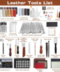 TLKKUE leather tooling kit with assorted stamping tools, punches, needles, thread, knives, and cutting mats.