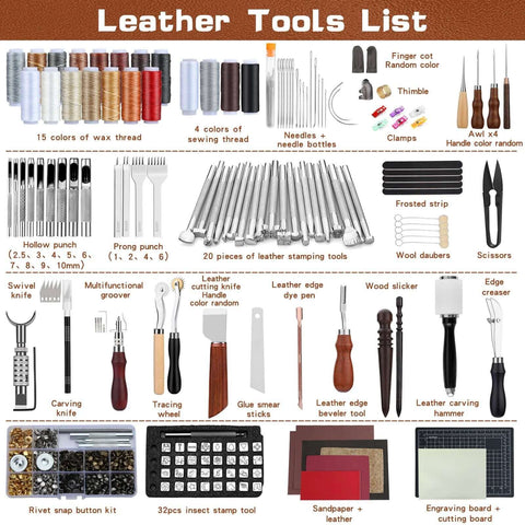 TLKKUE leather tooling kit with assorted stamping tools, punches, needles, thread, knives, and cutting mats.