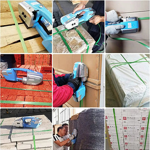 Heavy Duty Electric Strapping Machine Automatic Hot Welding Tool Handheld Portable Banding Kit For Industrial Packaging in use on various packages.