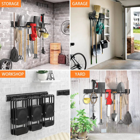 Easy Install Garage Tool Organizer Wall Mount Kit with 11 Pieces shown in garage, workshop, storage, and yard settings