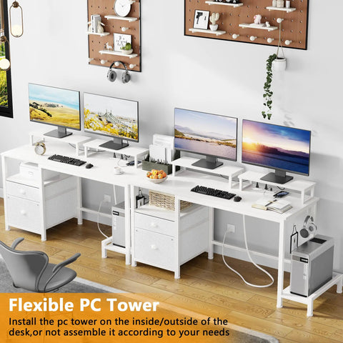 47 Inch Computer Desk With File Cabinet And Built In Power Outlets, USB Chargers, Dual Monitor Stands, Storage Drawer, Shelves And Hooks for gaming setup