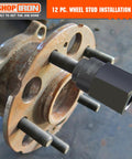Wheel Stud Installation And Rethread Kit, 12-Piece No Fuss Pro Grade Set in use on metal hub with stud pulling tool
