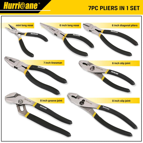 7 Piece Pliers Set With 8 Inch Water Pump Pliers 8 Inch And 6 Inch Slip Joint Pliers 7 Inch Linesman Pliers 6 Inch Diagonal Pliers And 6 Inch Mini Long Nose Pliers For Home Diy Auto Heavy Duty Anti Slip Double Dip Handles displayed on a white background.