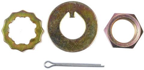 Front Spindle Lock Nut Kit with nut, washer, retainer for select vehicle models, durable hardware in metal finish.