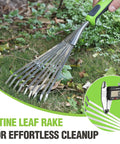 Handy 16 Inch Compact Stainless Steel Hand Rake With Soft Grip Handle in use on garden soil for spreading mulch.