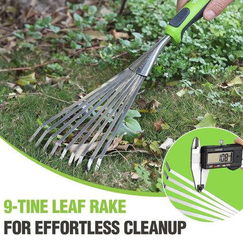 Handy 16 Inch Compact Stainless Steel Hand Rake With Soft Grip Handle in use on garden soil for spreading mulch.