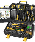 209 Piece Home And Auto Repair Tool Kit With Wrench Set And Essential Hand Tools For DIYers Homeowners And Handymen On The Go In A Portable Toolbox Great For Everyday Home Projects And Auto Work, open view showing tools neatly organized in a black and yellow case.