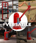 Heavy Duty Ten Ton Hydraulic Bottle Jack Featuring An Adjustable Saddle And Ultra Low Profile Base in garage and outdoor settings.