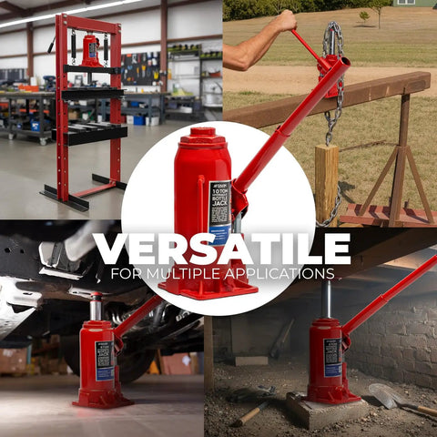 Heavy Duty Ten Ton Hydraulic Bottle Jack Featuring An Adjustable Saddle And Ultra Low Profile Base in garage and outdoor settings.