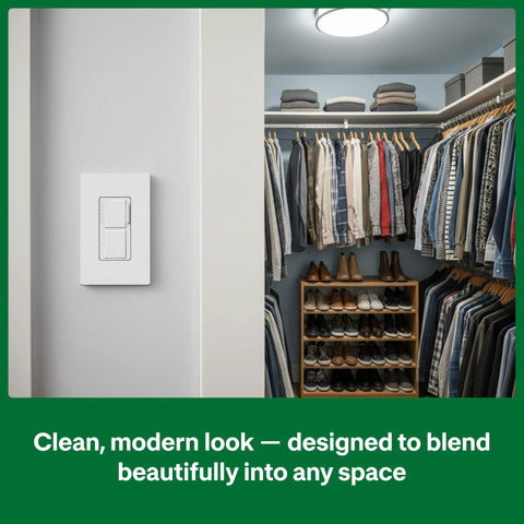 Maestro LED Plus Dual Dimmer And Switch Two In One Control For 75 Watt LED Bulbs And 2.5 Amp Fans in a modern closet setting