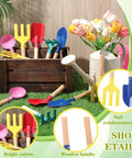 15 Piece Kids Beach Sand Toys And Garden Tool Set with wooden handles in grass with colorful tools, including shovel and rake in box.