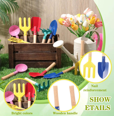 15 Piece Kids Beach Sand Toys And Garden Tool Set with wooden handles in grass with colorful tools, including shovel and rake in box.