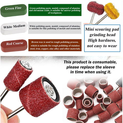 185 Piece Wool Felt Polishing Kit With Sanding Drum For One Eighth Inch Shank Rotary Tools includes buffing wheels.