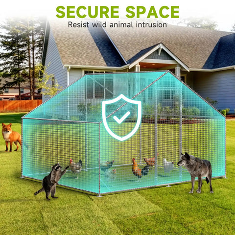 Walk In Chicken Coop With Run And Galvanized Enclosure, Waterproof UV Cover, And Secure Lock For Rabbits Or Ducks in a backyard setting