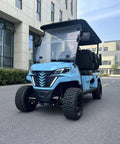 Slick Four Seater Electric Golf Cart Boasting Ridiculously Comfy Luxury Seats And Knobby Antislip Tires With A Sharp Hd Led Display For A Real Smooth Weekend Ride In Light Blue, shown from the front on a street.