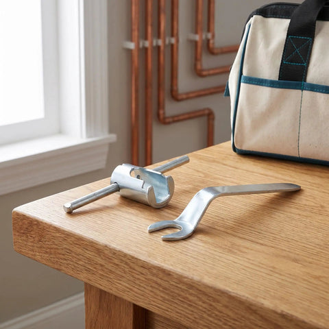 Heavy Duty Pro Fire Sprinkler Head Removal Wrench Two Piece Kit Steel Installation Tool on wooden table with bag.