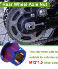 Set Of Six Rugged Titanium Motorcycle Axle Nuts With Grippy Burnt Blue Finish And M12x1.5 Thread showcased on a rear wheel.