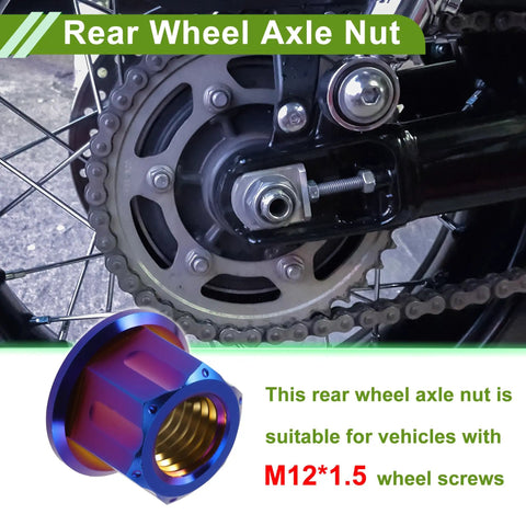 Set Of Six Rugged Titanium Motorcycle Axle Nuts With Grippy Burnt Blue Finish And M12x1.5 Thread showcased on a rear wheel.