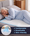 Heavy Duty Disposable Bed Pads Extra Large Underpads 50 Pack Super Absorbent Leak Proof Chux Style Pads For Adults Pets And Elders 30By36 Inch Blue total no sweat solution on a bed with a woman sleeping.