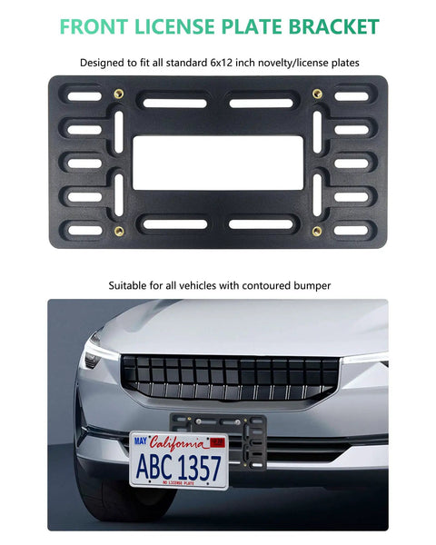 "Universal Front License Plate Mount Bracket With Copper Threaded Inserts For Easy Tightening And No Stripping Car Plate Holder Kit For Front Bumper Includes Four Stainless Cable Ties And Screws Fits 6x12 Inch US Canada Standard shown on car bumper"