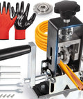 Straight Up Manual Wire Stripping Machine For Copper Cable with adjustable jaw, gloves, and tools for precision stripping.