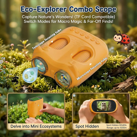 2 In 1 Kids Microscope And Telescope With 1000X Magnification Handheld Digital Microscope With 2 Inch Screen And 8 LED Lights Totally Kid Approved For Outdoor Use 10X Pocket Telescope 1080P Camera STEM Toy Gift For Boys And Girls Ages 4 To 12 Yellow, orange body