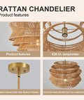 17.3 Inch Rattan Pendant Light, Boho Wicker Chandelier for Dining showcasing metal ceiling plate and woven rattan lampshade details.