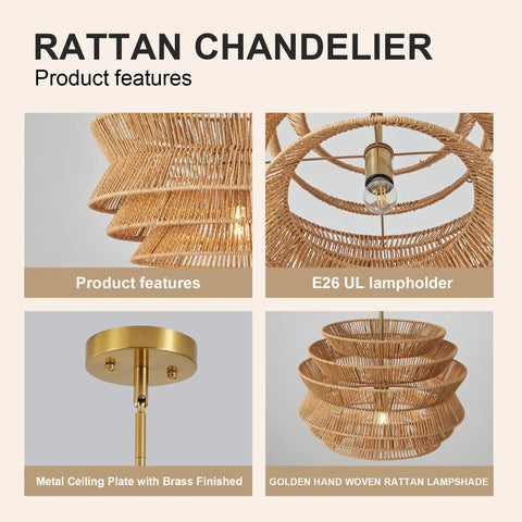 17.3 Inch Rattan Pendant Light, Boho Wicker Chandelier for Dining showcasing metal ceiling plate and woven rattan lampshade details.