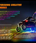ATV with vibrant Lit 3Ft RGB LED Whip Light And Four Pack Rock Lights Kit, showcasing Bluetooth app control and creative lighting modes.