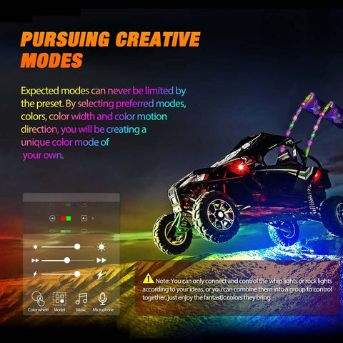 ATV with vibrant Lit 3Ft RGB LED Whip Light And Four Pack Rock Lights Kit, showcasing Bluetooth app control and creative lighting modes.