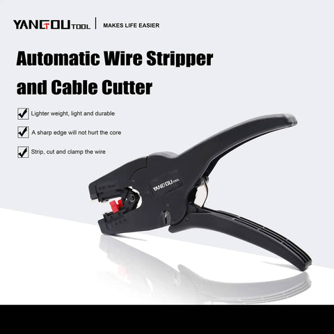 Automatic Wire Stripper And Cutter 2-In-1 Tool with black handle on white background for electricians AWG 7-32 wires.
