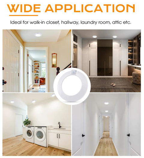 Motion Sensor LED Ceiling Light 120V 10W 5000K Daylight installed in walk-in closet, laundry room, attic, hallway, white finish.