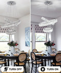Dining room with three ring LED crystal pendant light fixture for elegant and modern glam ceiling lamp, shown turned off and on.