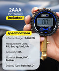 Digital Tire Pressure Gauge For Cars With 360 Degree Swivel Chuck Rugged Brass Body Wrapped In Protective Rubber Case Easy Valve Connection Accurate Readings Up To 200 PSI For Safe Tire Maintenance, 2AAA batteries included