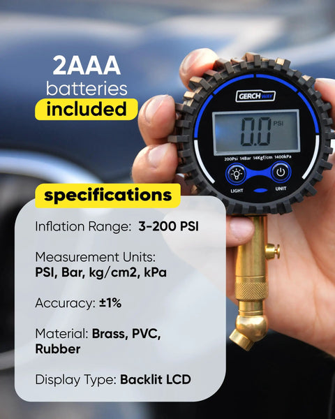Digital Tire Pressure Gauge For Cars With 360 Degree Swivel Chuck Rugged Brass Body Wrapped In Protective Rubber Case Easy Valve Connection Accurate Readings Up To 200 PSI For Safe Tire Maintenance, 2AAA batteries included
