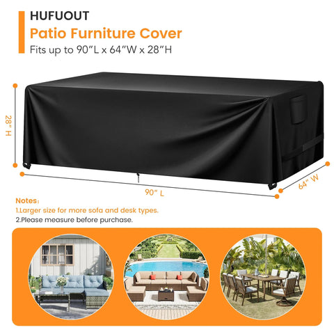 Beefy 420D Heavy Duty Outdoor Patio Furniture Cover Waterproof Universal Fit For 90 Inch Long By 64 Inch Wide By 28 Inch High Tables Chairs Sofas Benches All Weather Protection Black shown on diagram