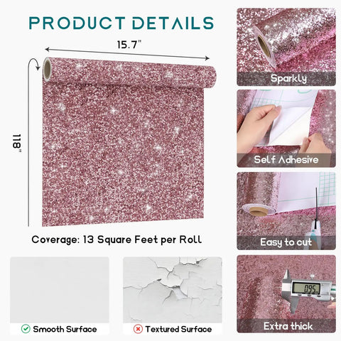 Totally Fresh Mauve Pink Chunky Glitter Peel And Stick Wallpaper For Accent Walls And Vanity Backsplash Premium Self Adhesive Fabric Vinyl Room Decor Slays Hard roll dimensions 15.7" x 18"