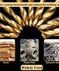Top Shelf 230 Piece Titanium Twist Drill Bit Kit Featuring 135 Degree Split Points For Wood Metal Plastic And Alloy. Quick Penetration With U-Flute Chip Evacuation And Stable Straight Shank Design To Prevent Walking. Perfect Heavy Duty Tool Set Stored In gold drill bits for wood, plastic plate, and aluminum alloy