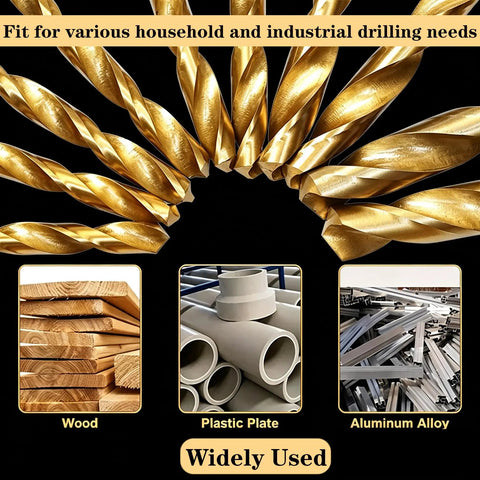 Top Shelf 230 Piece Titanium Twist Drill Bit Kit Featuring 135 Degree Split Points For Wood Metal Plastic And Alloy. Quick Penetration With U-Flute Chip Evacuation And Stable Straight Shank Design To Prevent Walking. Perfect Heavy Duty Tool Set Stored In gold drill bits for wood, plastic plate, and aluminum alloy