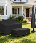 Patio Coffee Table Cover Waterproof Outdoor Furniture Shield Fits Rectangular 48 By 26 Inch Tables 18 Inch High Fadeproof UV Resistant 600D Polyester Black shown outdoors with furniture covers for various items.