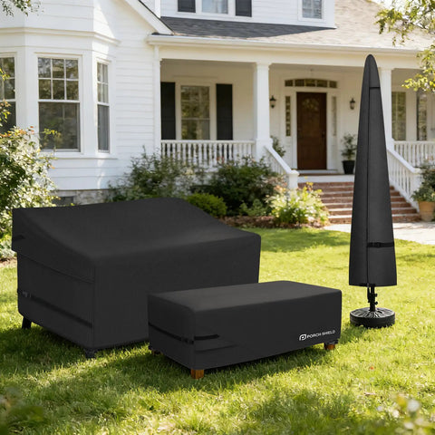 Patio Coffee Table Cover Waterproof Outdoor Furniture Shield Fits Rectangular 48 By 26 Inch Tables 18 Inch High Fadeproof UV Resistant 600D Polyester Black shown outdoors with furniture covers for various items.