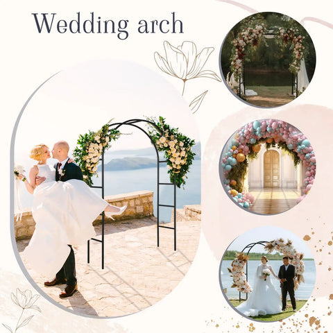 Bride and groom under a 3 Pack Metal Garden Arch Trellis For Wedding Arches And Pergolas 7.9 Feet Tall