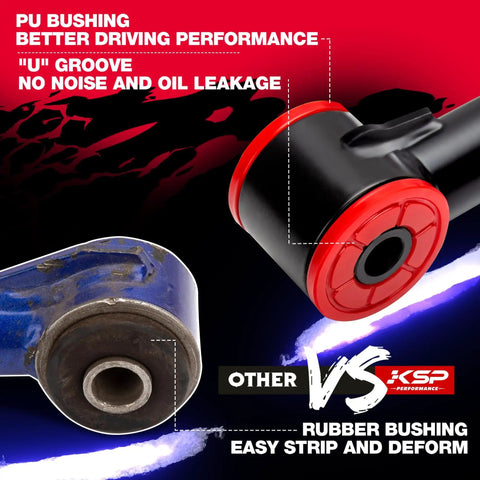 Two To Four Inch Adjustable Front Upper Control Arms For Toyota Tacoma 2004 2023 And Hilux Fortuner Prerunner 2005 2023 Front Steel Tubular UCA Built Tough With 1.25 Inch DOM Tubing Right And Left Sides. PU bushing comparison close-up